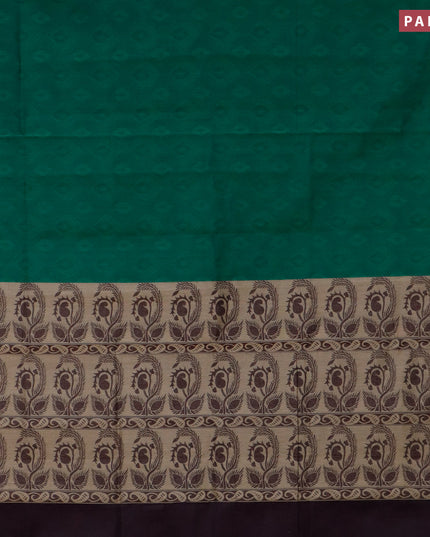 Coimbatore cotton saree green and coffee brown with allover self emboss and thread woven border