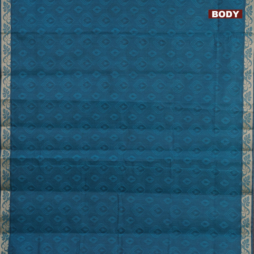 Coimbatore cotton saree peacock blue and maroon shade with allover self emboss and thread woven border