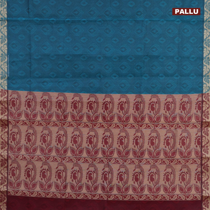 Coimbatore cotton saree peacock blue and maroon shade with allover self emboss and thread woven border