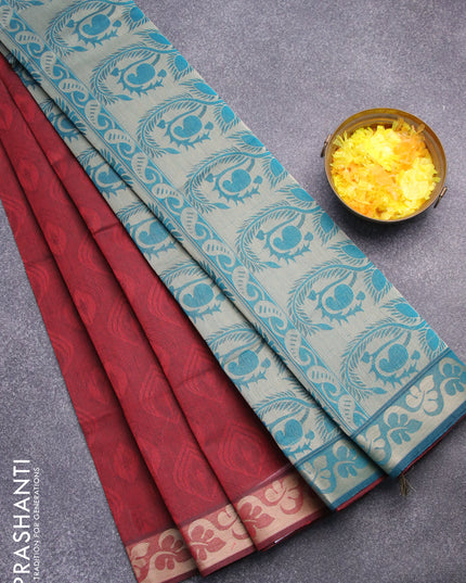 Coimbatore cotton saree maroon and peacock blue with allover self emboss and thread woven border
