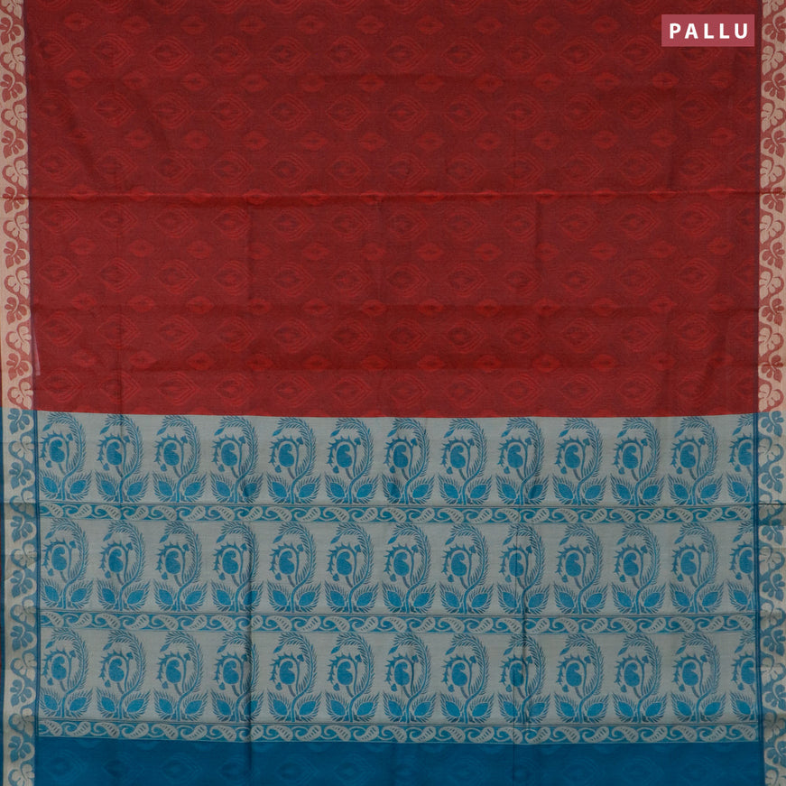 Coimbatore cotton saree maroon and peacock blue with allover self emboss and thread woven border
