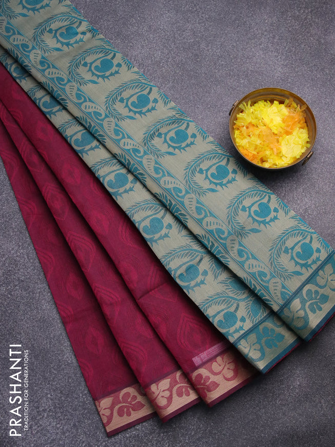 Coimbatore cotton saree magenta pink and peacock blue with allover self emboss and thread woven border