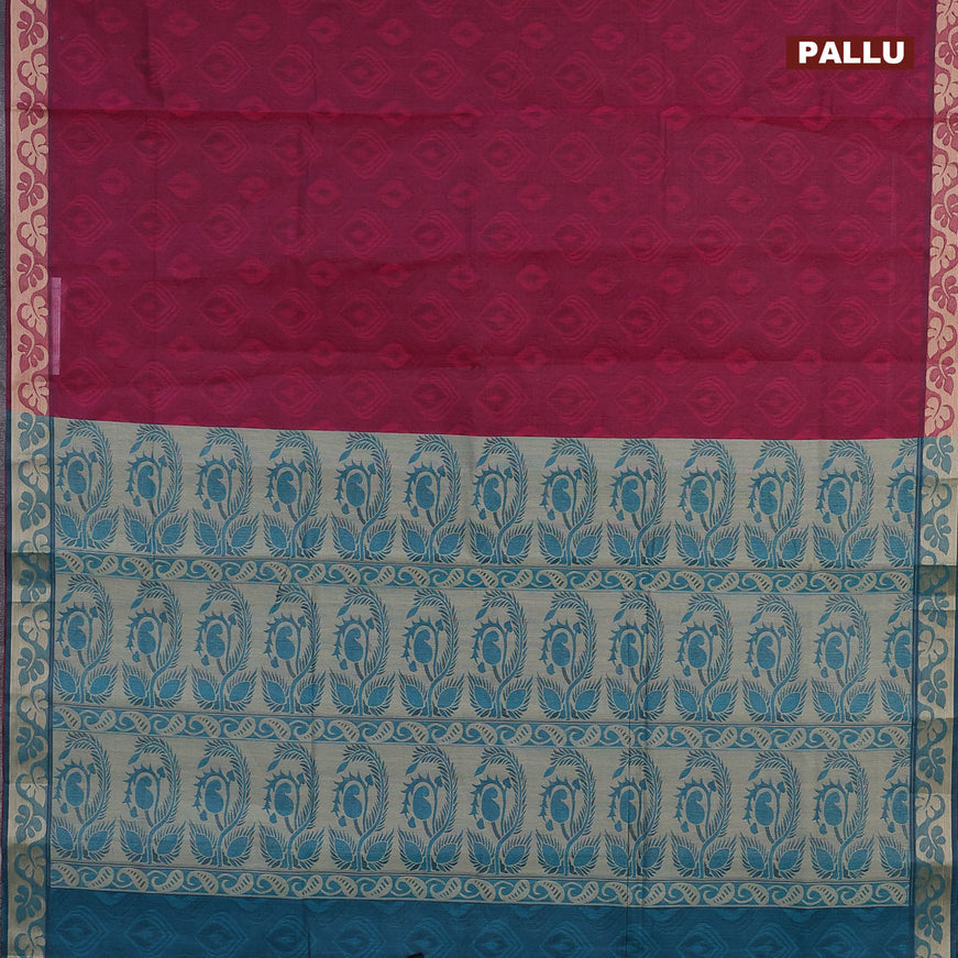 Coimbatore cotton saree magenta pink and peacock blue with allover self emboss and thread woven border