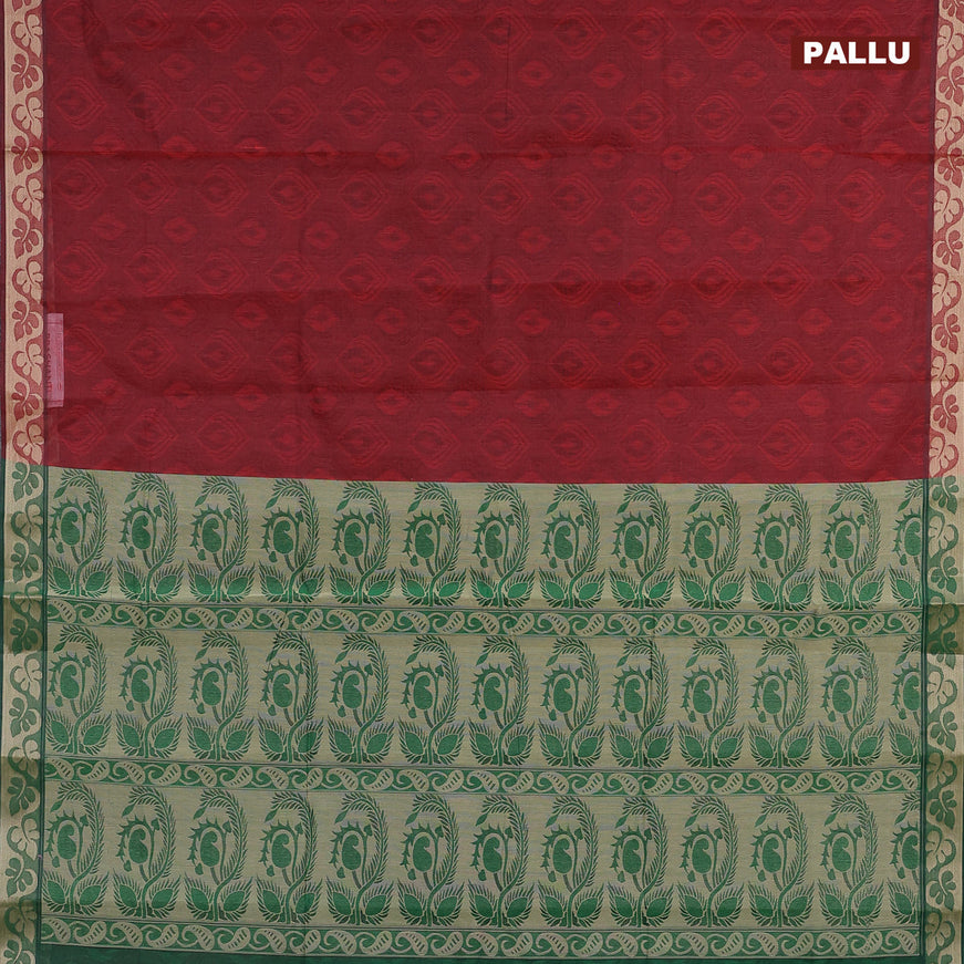 Coimbatore cotton saree maroon and green with allover self emboss and thread woven border