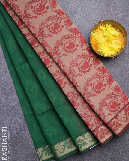 Coimbatore cotton saree green and maroon with allover self emboss and thread woven border