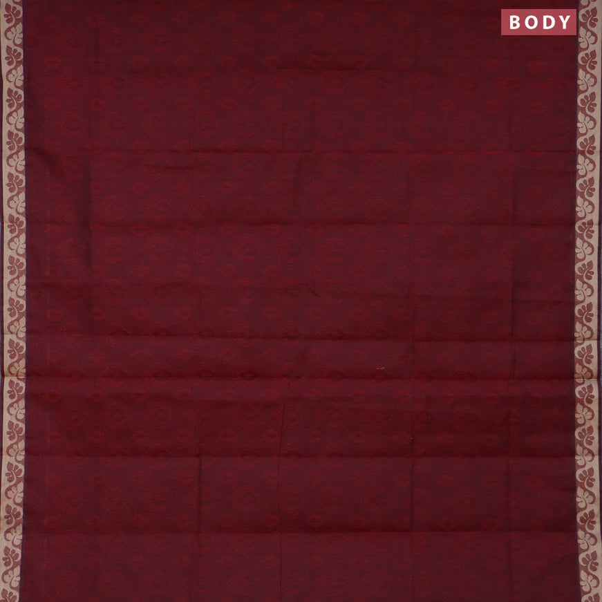 Coimbatore cotton saree dark maroon and green with allover self emboss and thread woven border