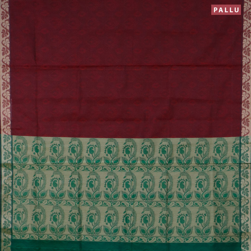 Coimbatore cotton saree dark maroon and green with allover self emboss and thread woven border