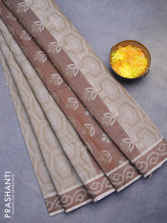 Coimbatore cotton saree grey shade and brown with allover self emboss and thread woven border