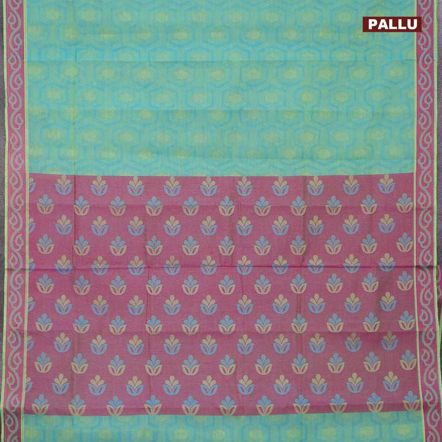 Coimbatore cotton saree dual shade of teal bluish green and pink with allover self emboss and thread woven border