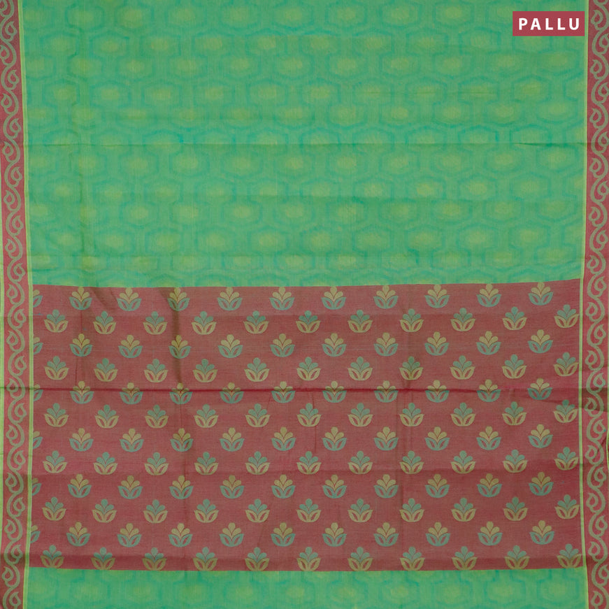 Coimbatore cotton saree light green and pink with allover self emboss and thread woven border