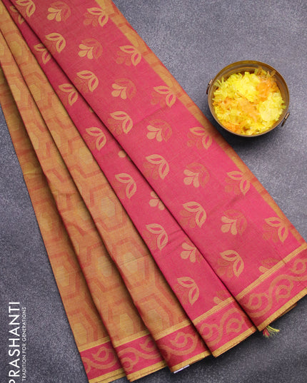 Coimbatore cotton saree dual shade of yellow and pink with allover self emboss and thread woven border