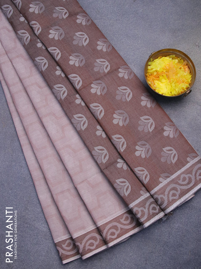 Coimbatore cotton saree pasteal brown and grey shade with allover self emboss and thread woven border