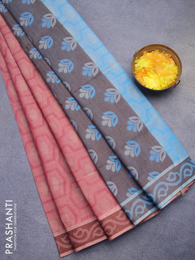 Coimbatore cotton saree red shade and brown blue with allover self emboss and thread woven border
