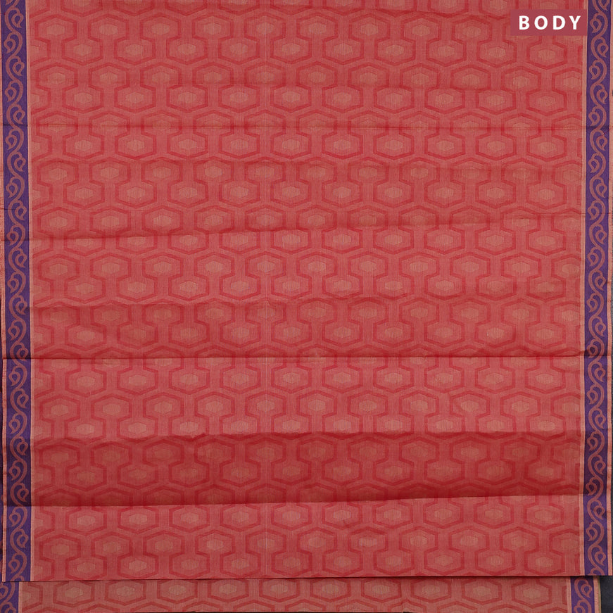 Coimbatore cotton saree red shade and dark sandal with allover self emboss and thread woven border