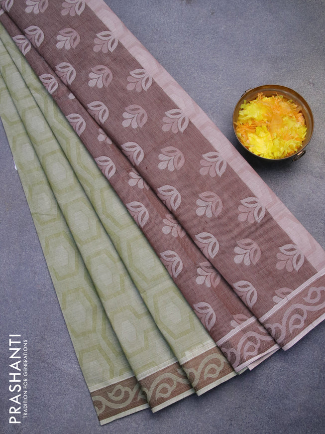 Coimbatore cotton saree green shade and brown shade with allover self emboss and thread woven border