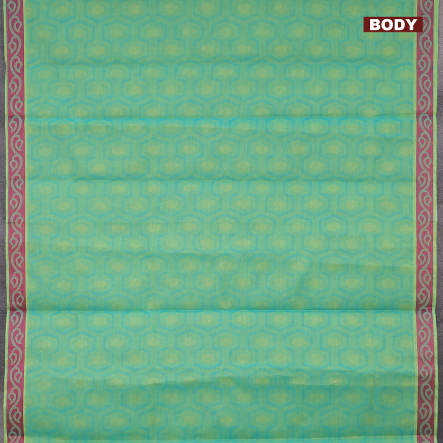 Coimbatore cotton saree dual shade of bluish green and pink with allover self emboss and thread woven border