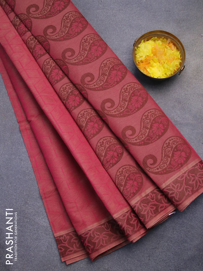 Coimbatore cotton saree pink and brown with allover self emboss and thread woven border