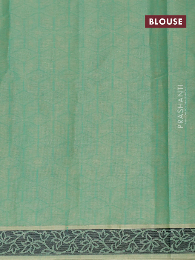 Coimbatore cotton saree pastel green and black with allover self emboss and thread woven border