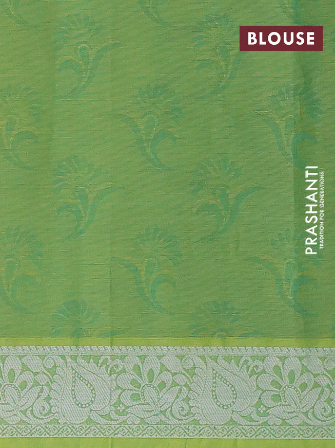 Coimbatore cotton saree dual shade of yellowish orange and green with allover self emboss and thread woven border