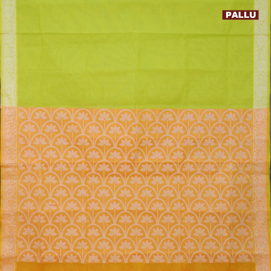 Coimbatore cotton saree fluorescent green and mustard yellow with allover self emboss and thread woven border