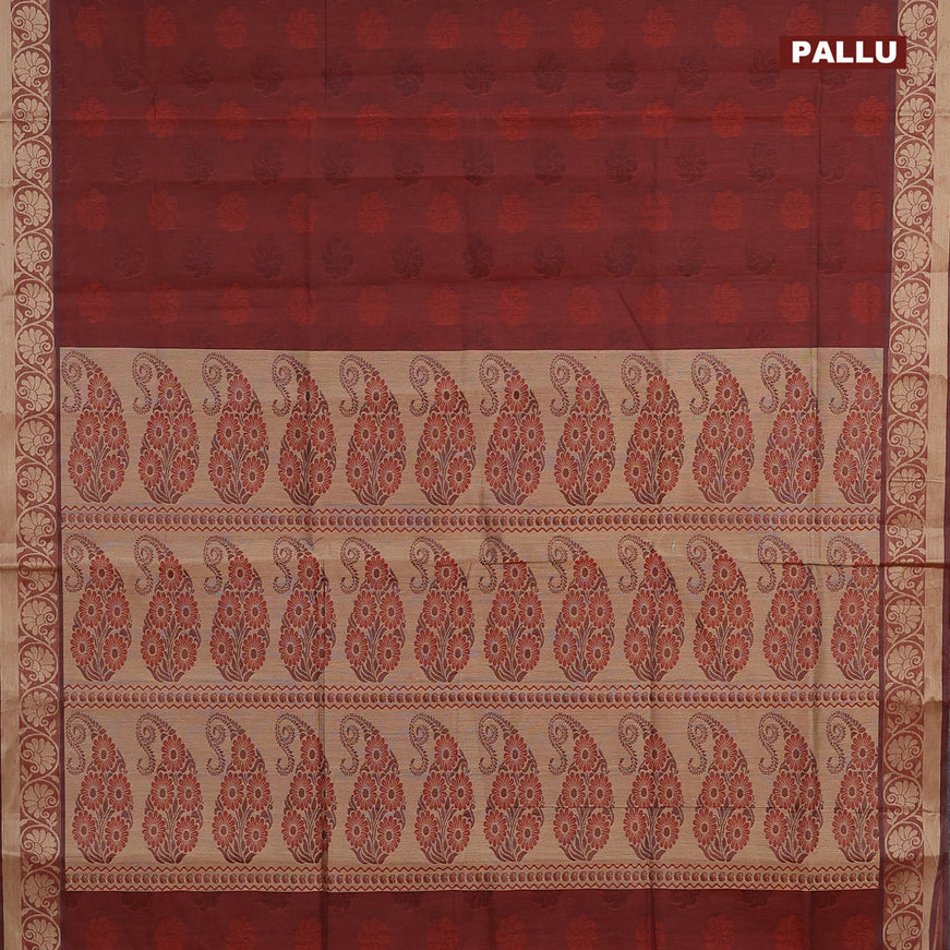 Coimbatore cotton saree rustic brown and sandal with allover self emboss and thread woven border