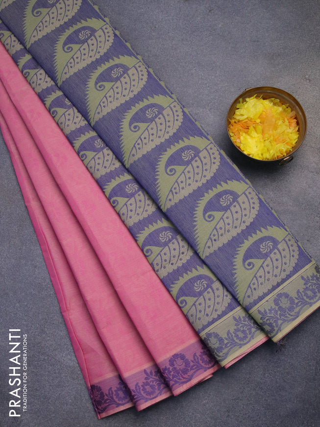 Coimbatore cotton saree pink and pista green with allover self emboss and thread woven border