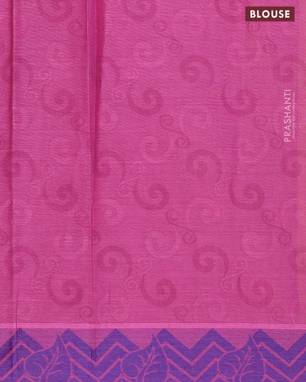 Coimbatore cotton saree pinkish yellow and blue with allover self emboss and thread woven border