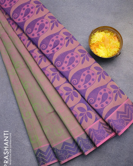 Coimbatore cotton saree dual shade of pinkish green and blue with allover self emboss and thread woven border