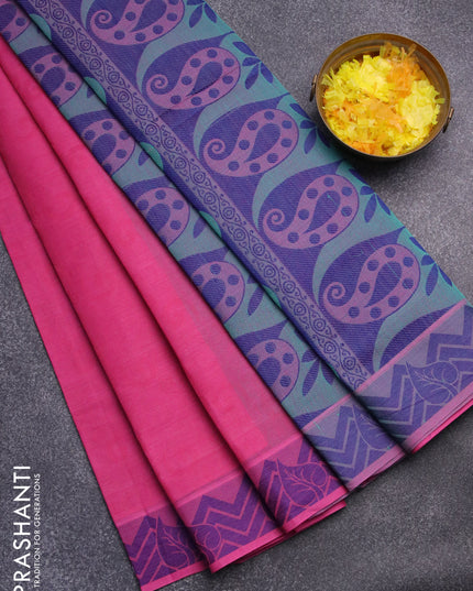 Coimbatore cotton saree pink and blue with allover self emboss and thread woven border