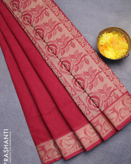 Coimbatore cotton saree maroon and beige with allover self emboss and thread woven border