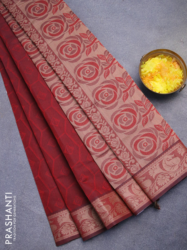 Coimbatore cotton saree maroon and sandal with allover self emboss and thread woven border