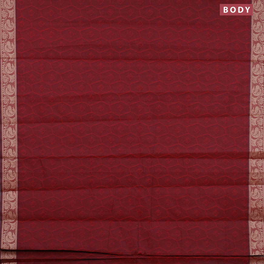 Coimbatore cotton saree maroon and sandal with allover self emboss and thread woven border