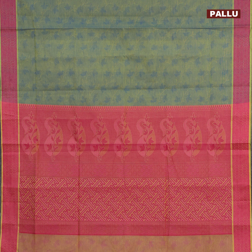 Coimbatore cotton saree dual shade of bluish light green and pink with allover self emboss and thread woven border