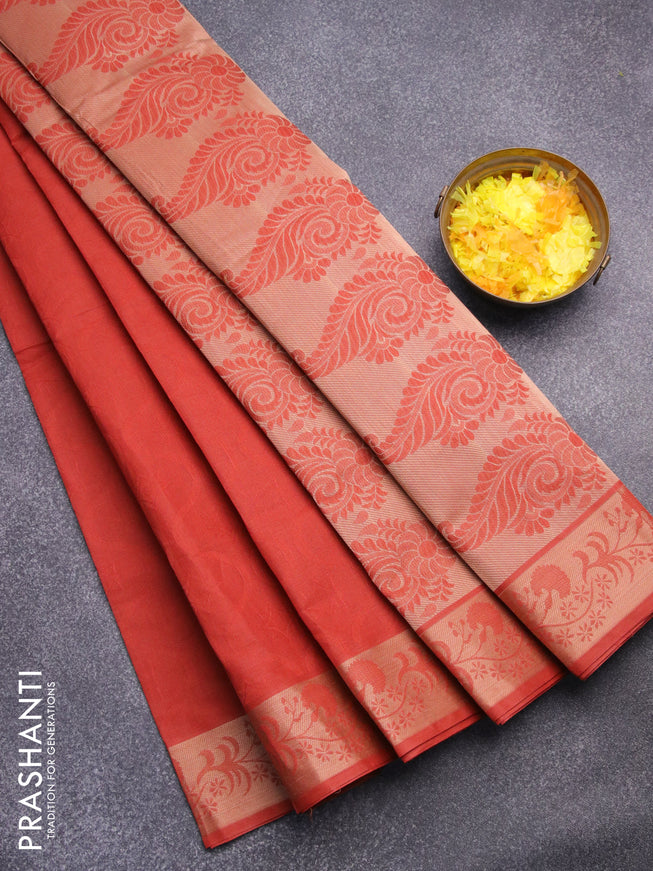 Coimbatore cotton saree rust shade and beige with allover self emboss and thread woven border