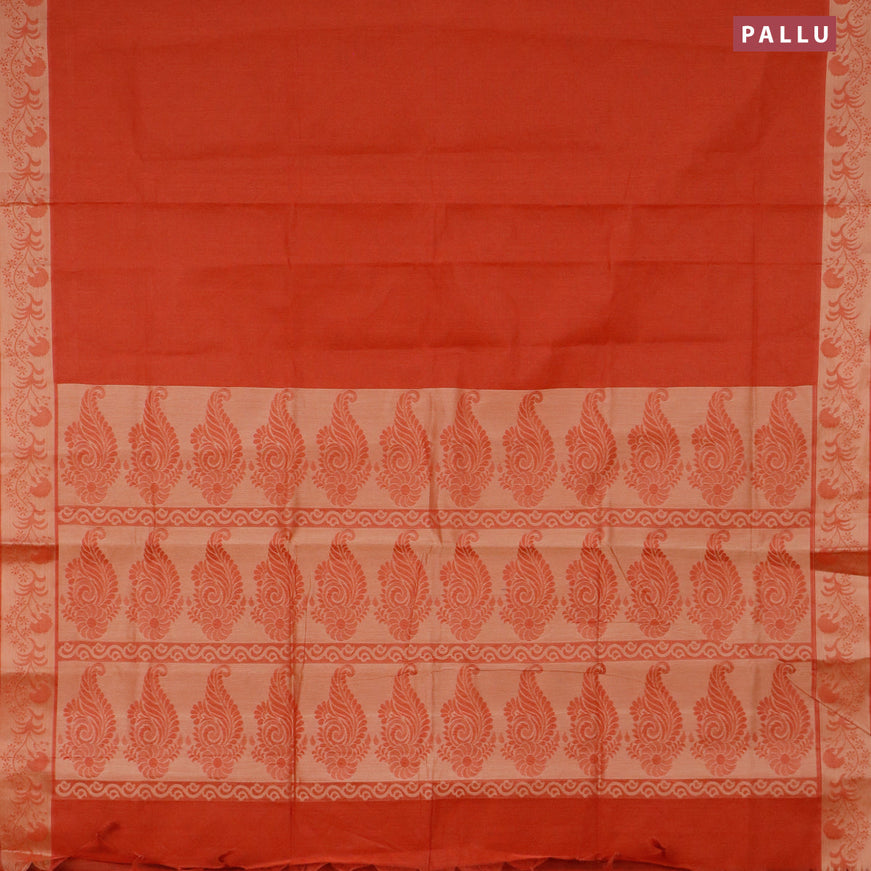 Coimbatore cotton saree rust shade and beige with allover self emboss and thread woven border