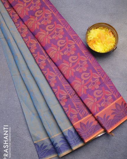 Coimbatore cotton saree dual shade of bluish orange and dual shade of pinkish orange with allover self emboss and thread woven border