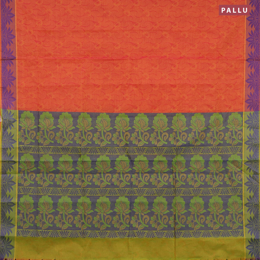 Coimbatore cotton saree dual shade of pinkish orange and dual shade of green with allover self emboss and thread woven border