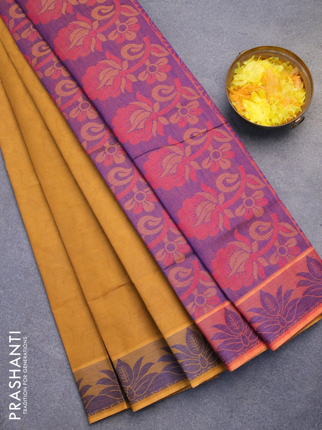 Coimbatore cotton saree dark mustard yellow and dual shade of pink with allover self emboss and thread woven border