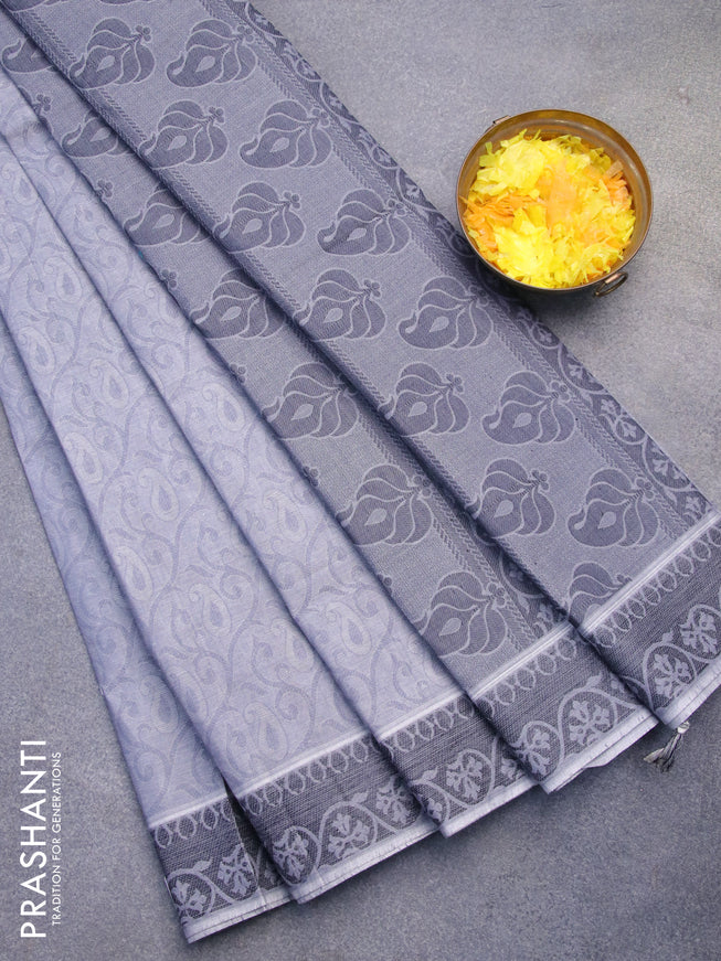 Coimbatore cotton saree grey and black with allover self emboss and thread woven border
