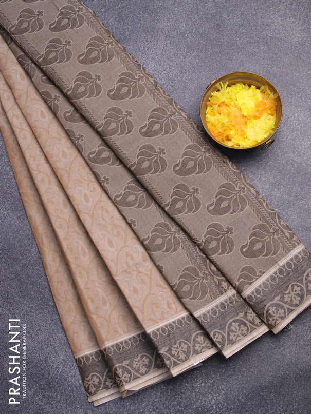 Coimbatore cotton saree dark beige and black with allover self emboss and thread woven border