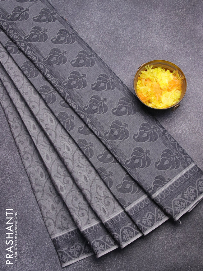 Coimbatore cotton saree grey shade and black with allover self emboss and thread woven border