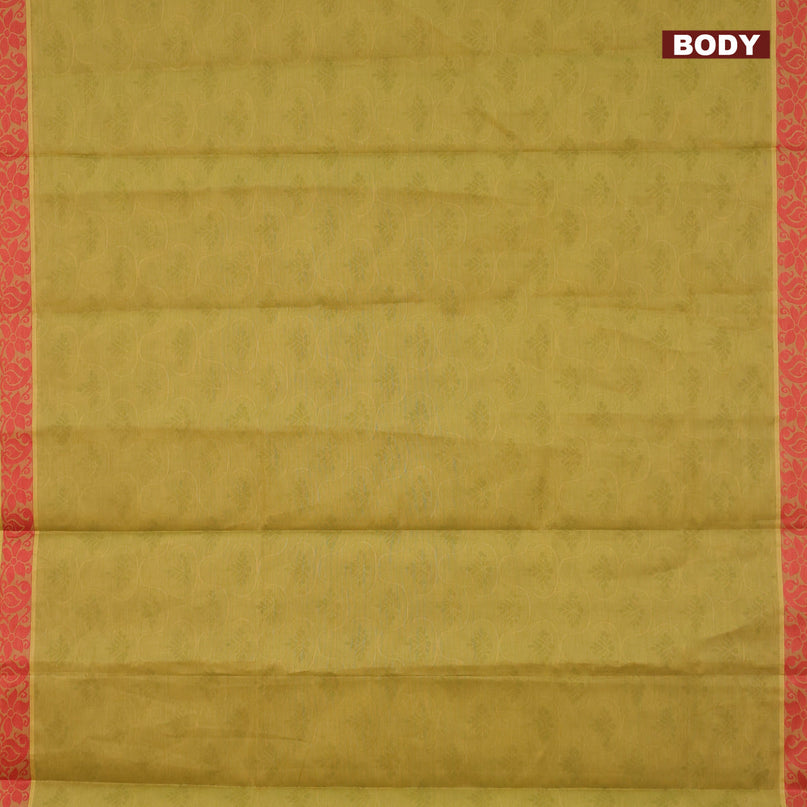 Coimbatore cotton saree mehendi green and red with allover self emboss and thread woven border