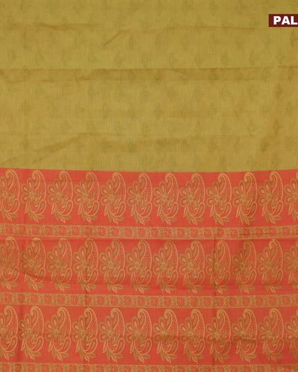 Coimbatore cotton saree mehendi green and red with allover self emboss and thread woven border