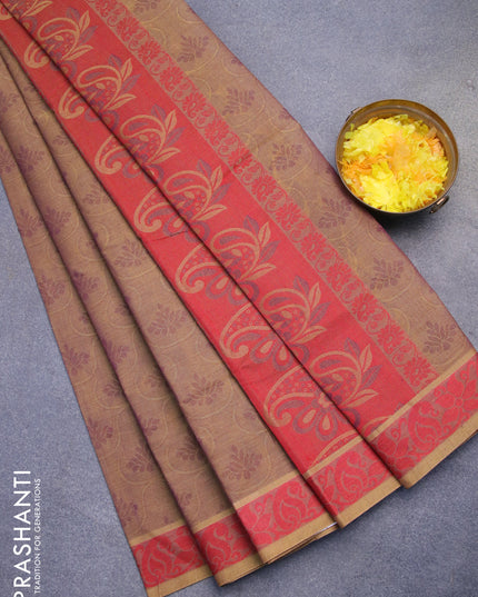 Coimbatore cotton saree dual shade of beige and maroon with allover self emboss and thread woven border