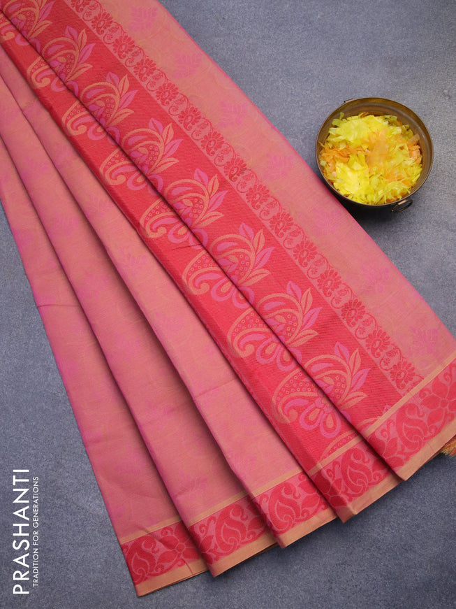 Coimbatore cotton saree dual shade of pink shade and red with allover self emboss and thread woven border