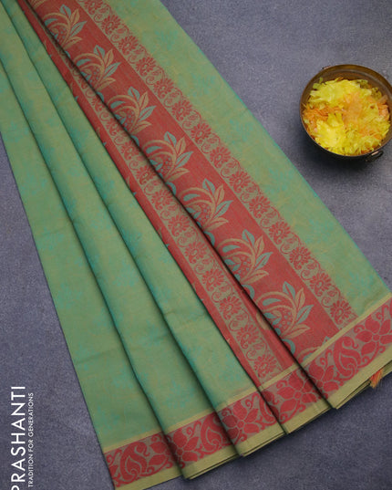 Coimbatore cotton saree teal green and maroon with allover self emboss and thread woven border