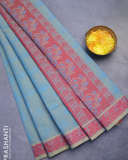 Coimbatore cotton saree dual shade of blue and maroon with allover self emboss and thread woven border