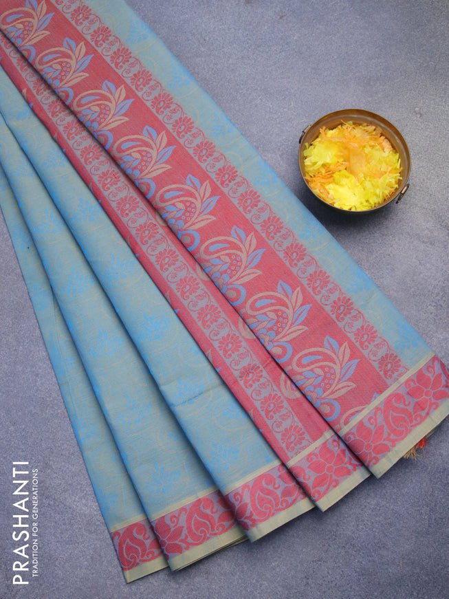 Coimbatore cotton saree dual shade of blue and maroon with allover self emboss and thread woven border