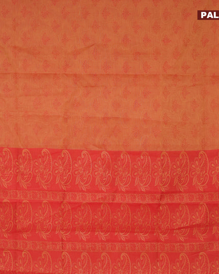 Coimbatore cotton saree dual shade of rust and red with allover self emboss and thread woven border
