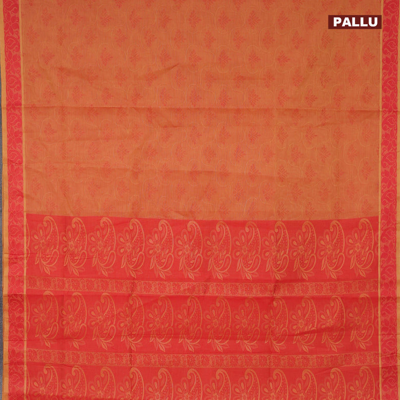 Coimbatore cotton saree dual shade of rust and red with allover self emboss and thread woven border